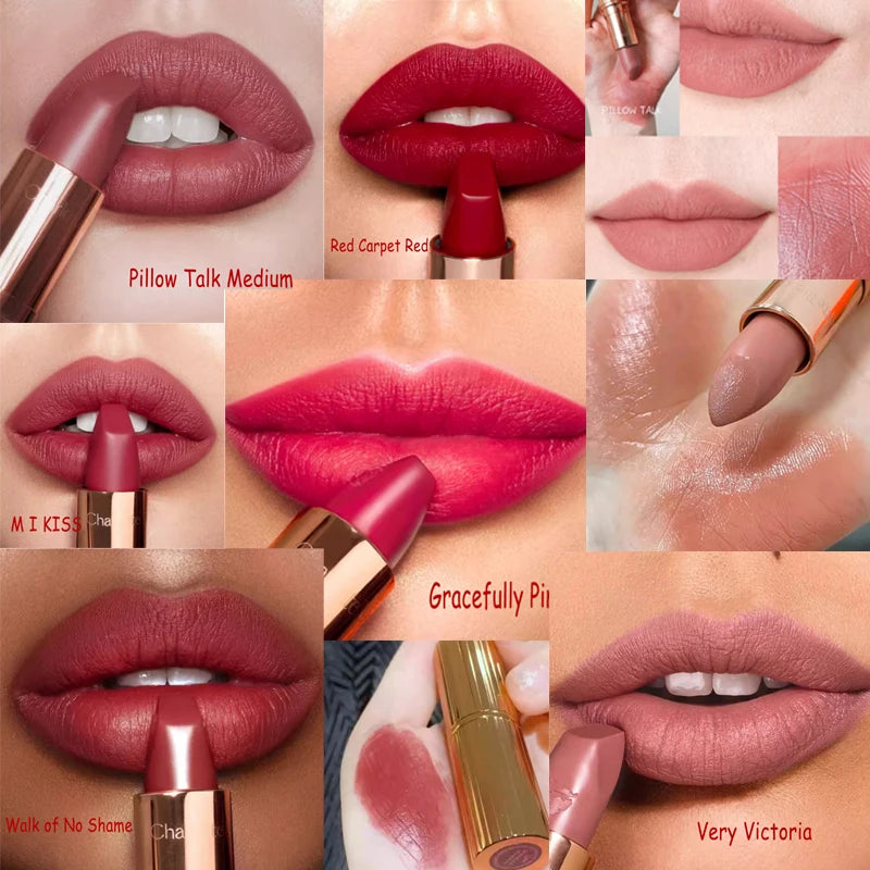 Collage of lipstick shades on lips and with lipsticks, featuring shades references