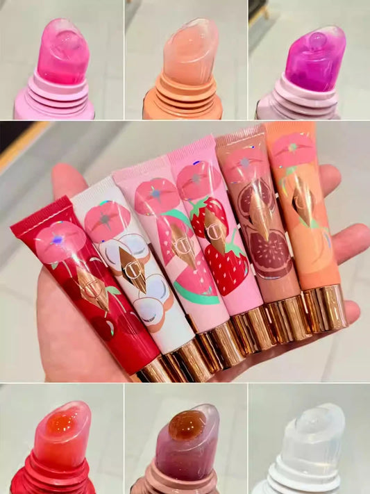 Collage of colorful lip gloss tubes with cartoon designs held by a hand.