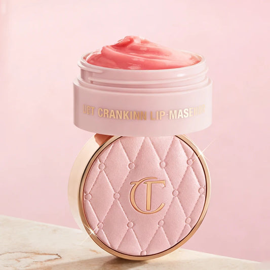 Pink lip mask with a brand logo on a light pink background