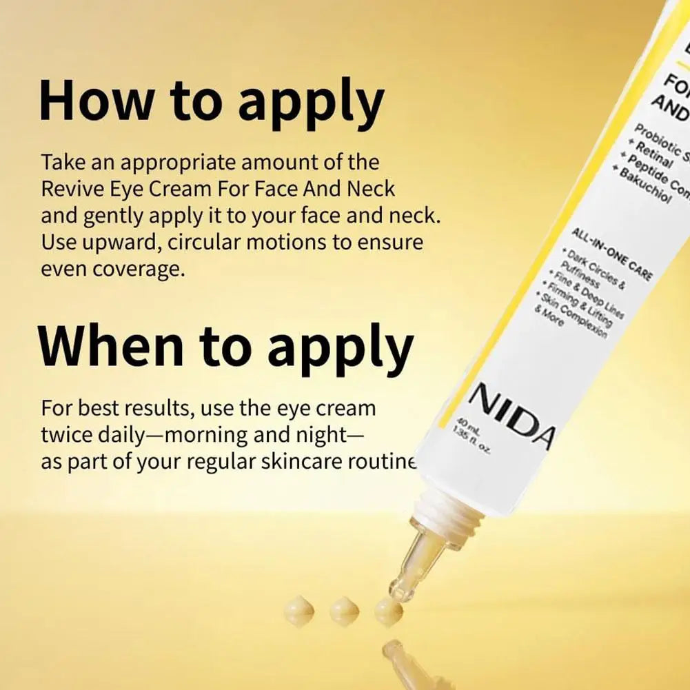NIDA eye cream with application instructions on a yellow background