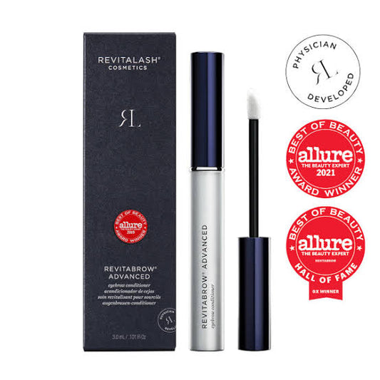 Revitalash Cosmetics Revitabrow Advanced with packaging and Allure awards on a white background