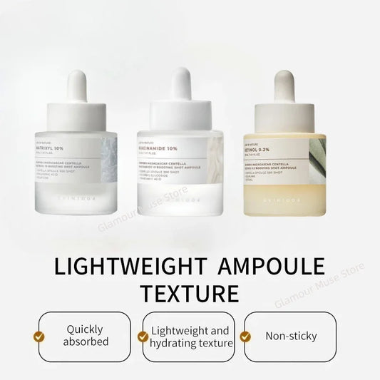 Three skincare ampoules with text highlighting their features on a light gray background