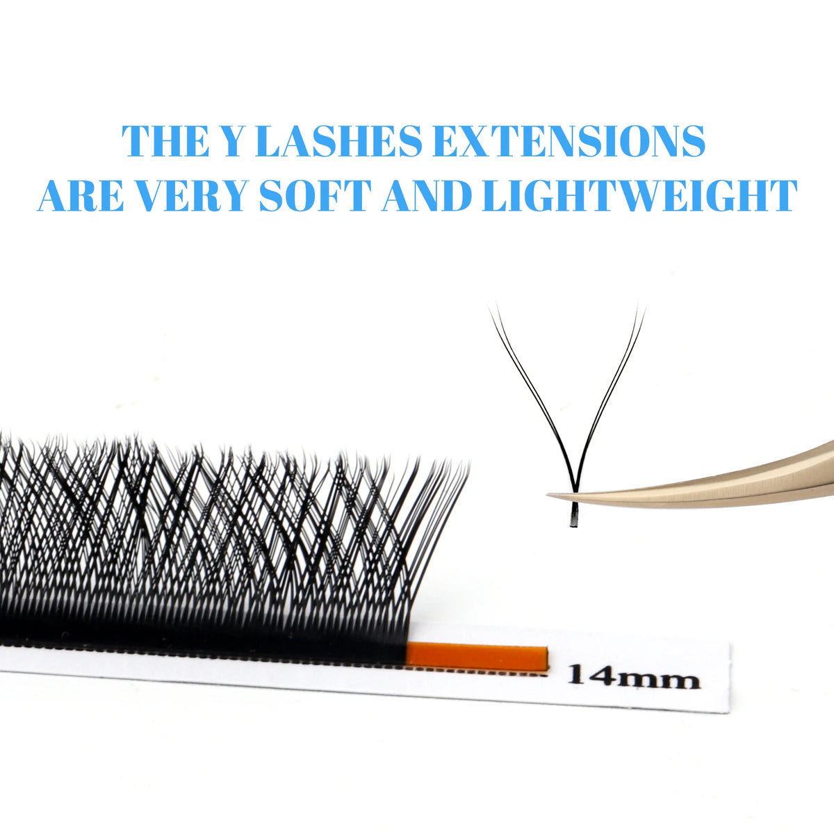 Eyelash extensions with a close-up of a single pair on a white background, featuring text about their softness and lightness.