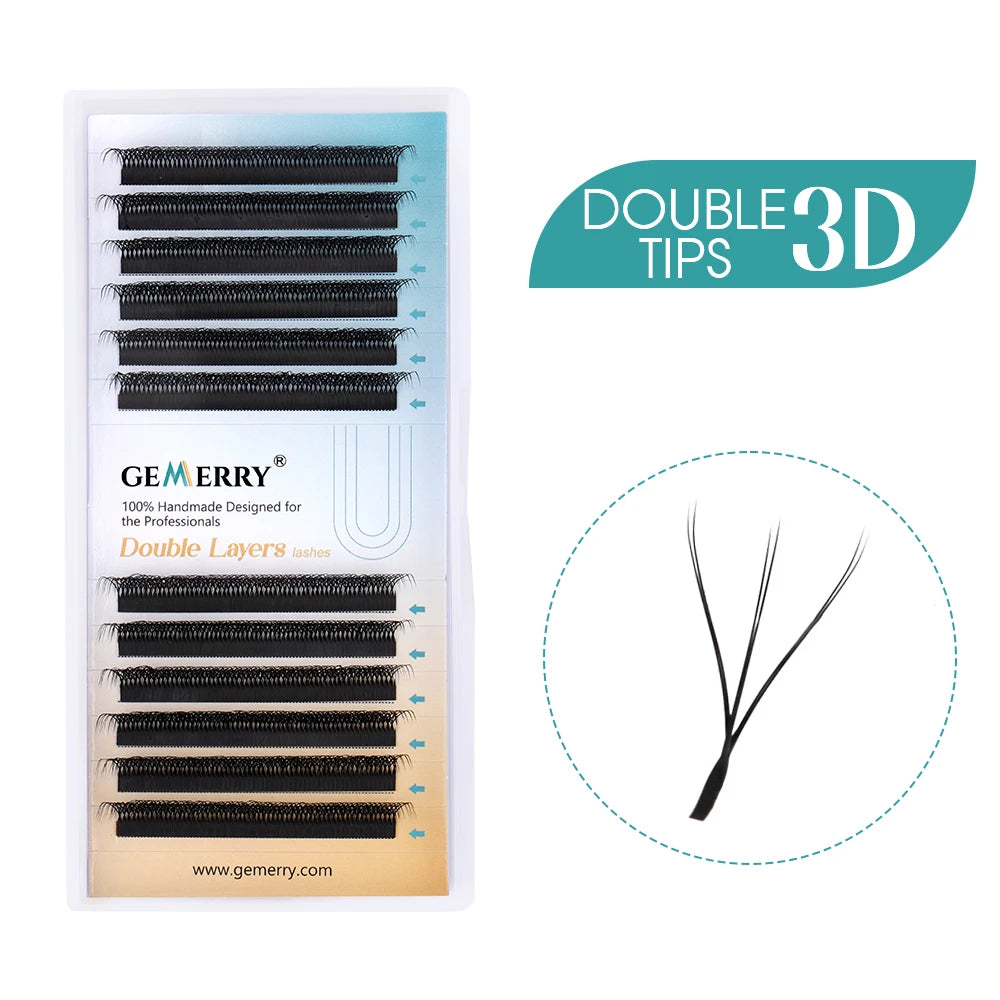 Gemerry false eyelashes packaging with double tips 3D feature on a white background