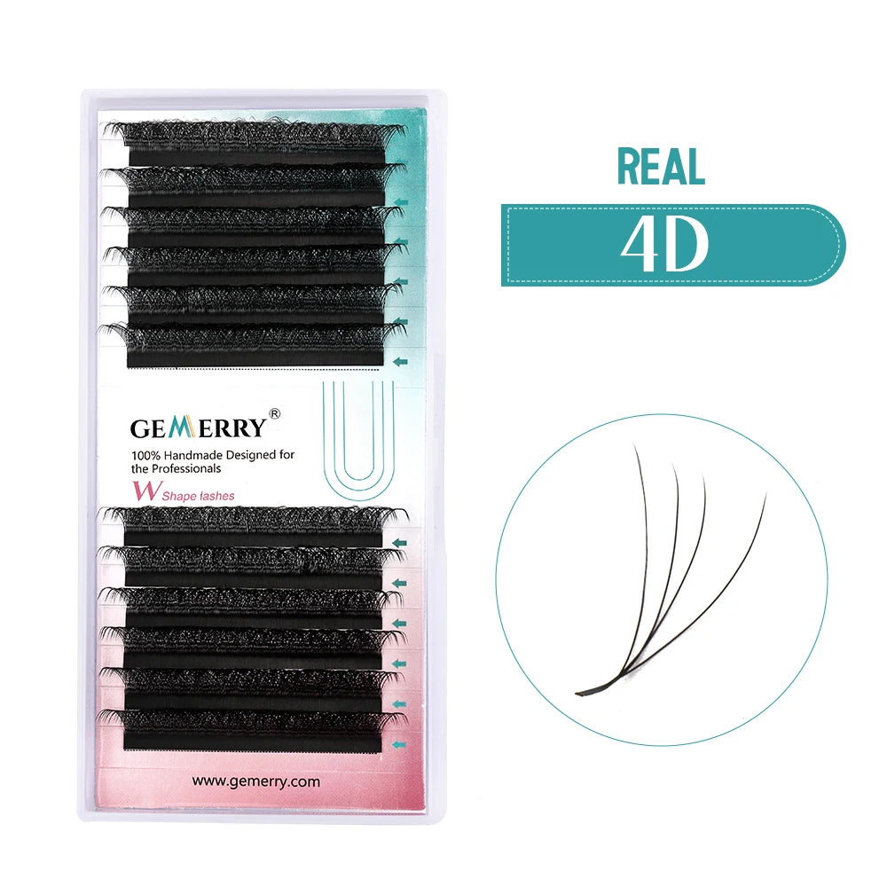 Packaged false eyelashes with 'GEMERRY' branding and 'REAL 4D' label on a white background.