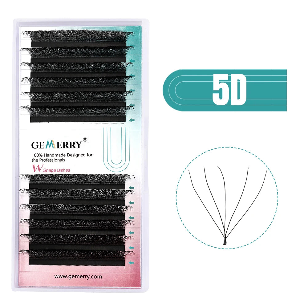 Packaged false eyelashes with '5D' label and Gemerry branding on a white background