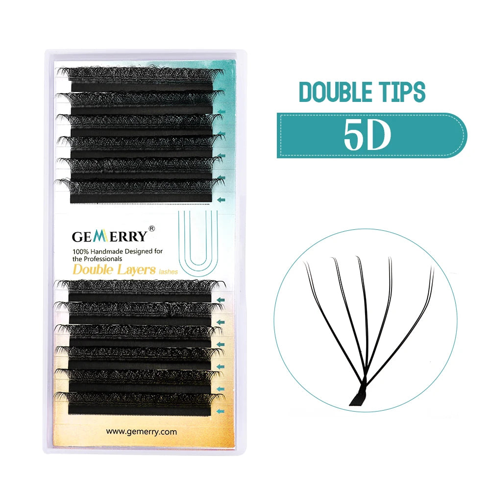 Pack of false eyelashes with 'Gemerry' branding and 'Double Tips 5D' label on a white background.
