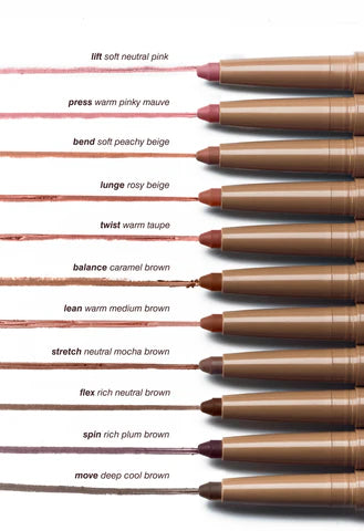 Row of lip pencils of the brand Rhode with color names on a white background 
