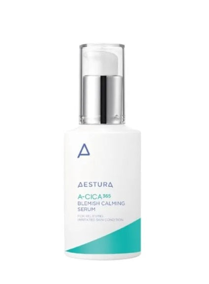 Aestura A-Cica 955 Blemish Calming Serum in a white pump bottle with a silver pump collar and a teal geometric accent at the bottom, shown on a plain white background.