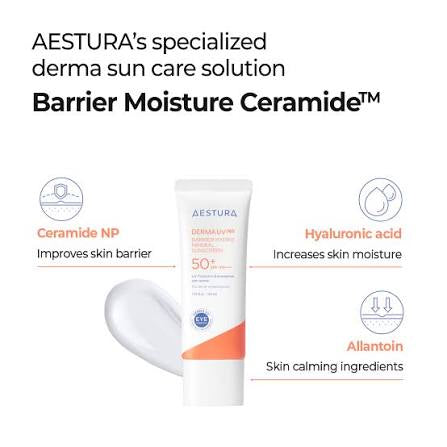 A tube of AESTURA Barrier Moisture Ceramide sunscreen SPF 50+ is shown on a white background with marketing callouts for Ceramide NP, Hyaluronic acid, and Allantoin.