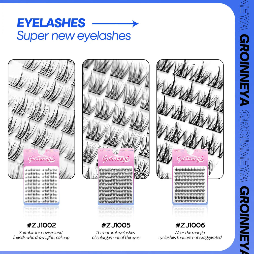 Display of false eyelashes with packaging and branding on a white background