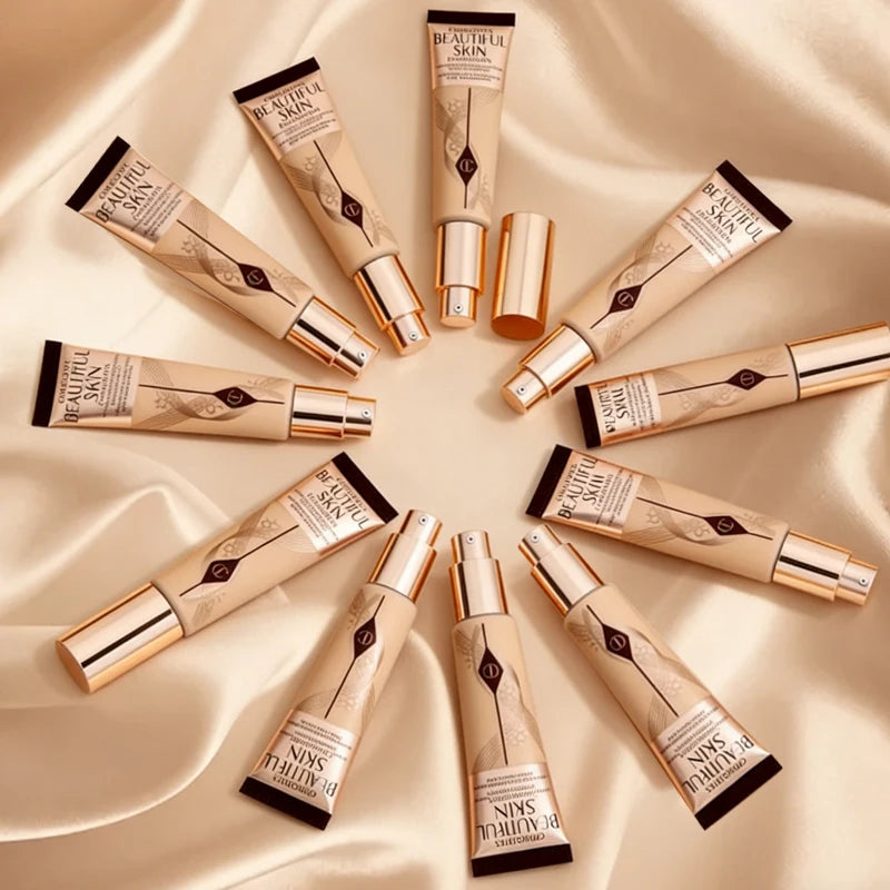 Cosmetic tubes arranged in a circular pattern on a beige fabric background