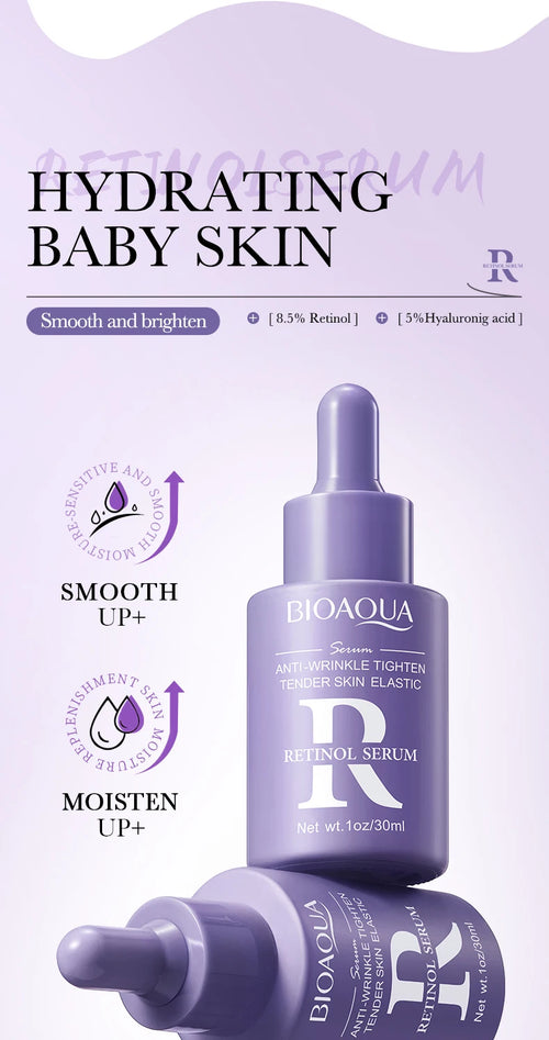 Bioaqua retinol serum packaging with text on a light purple background