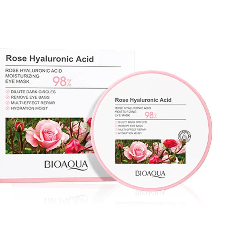 Bioaqua Rose Hyaluronic Acid eye mask packaging with rose images and text on a white background
