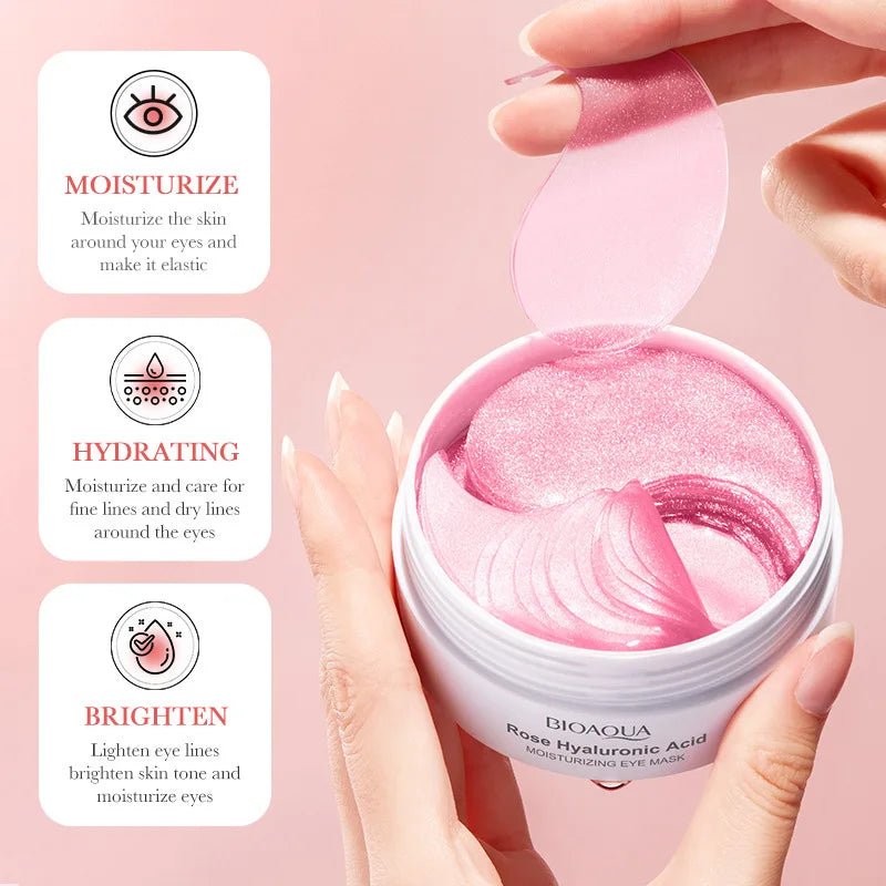 Bioaqua Rose Hyaluronic Acid eye mask with pink gel and text on a pink background