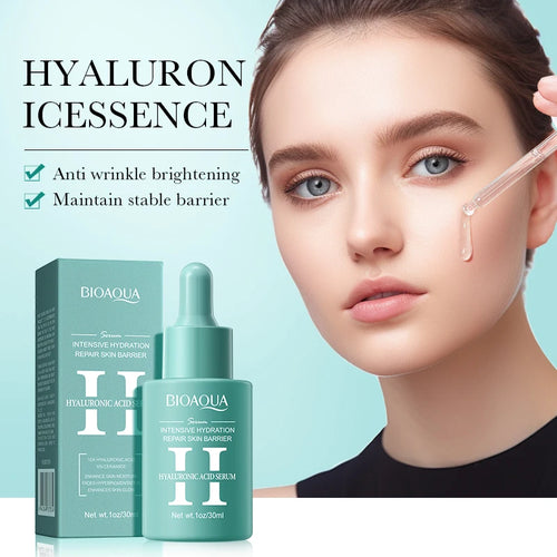 BIOAQUA hyaluronic acid serum with packaging and a woman applying it to her face.
