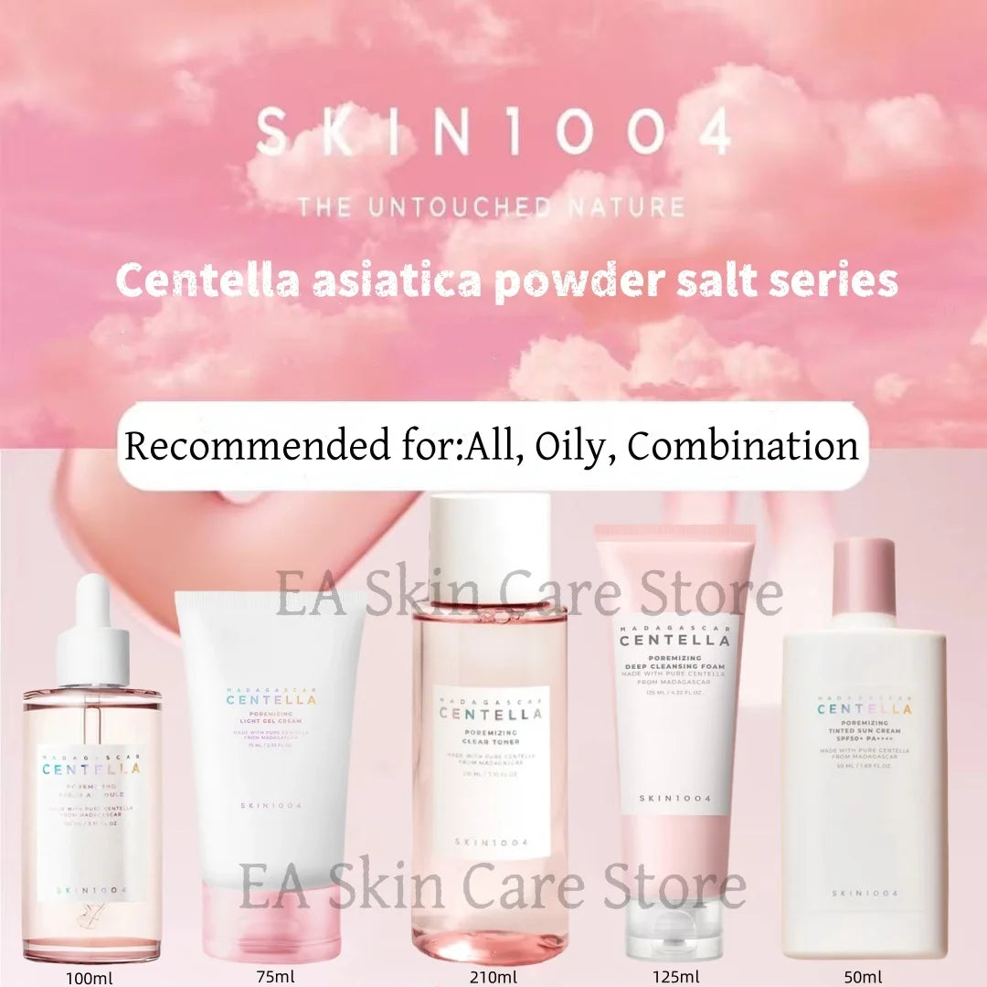 Centella skincare set pink for pore minimizing and elasticity improvement with cleanser, serum, face cream and eye cream