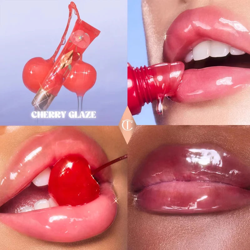 Lip gloss with cherry applicator labeled 'Cherry Glaze' applied to lips.