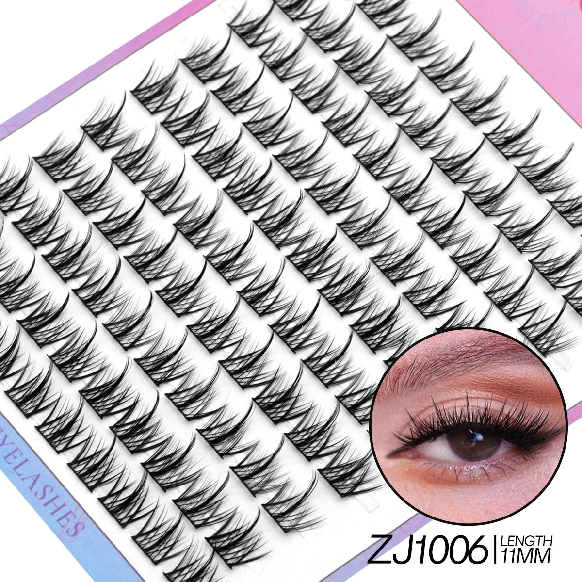 Collection of false eyelashes with a close-up of an eye wearing them on a branded card.