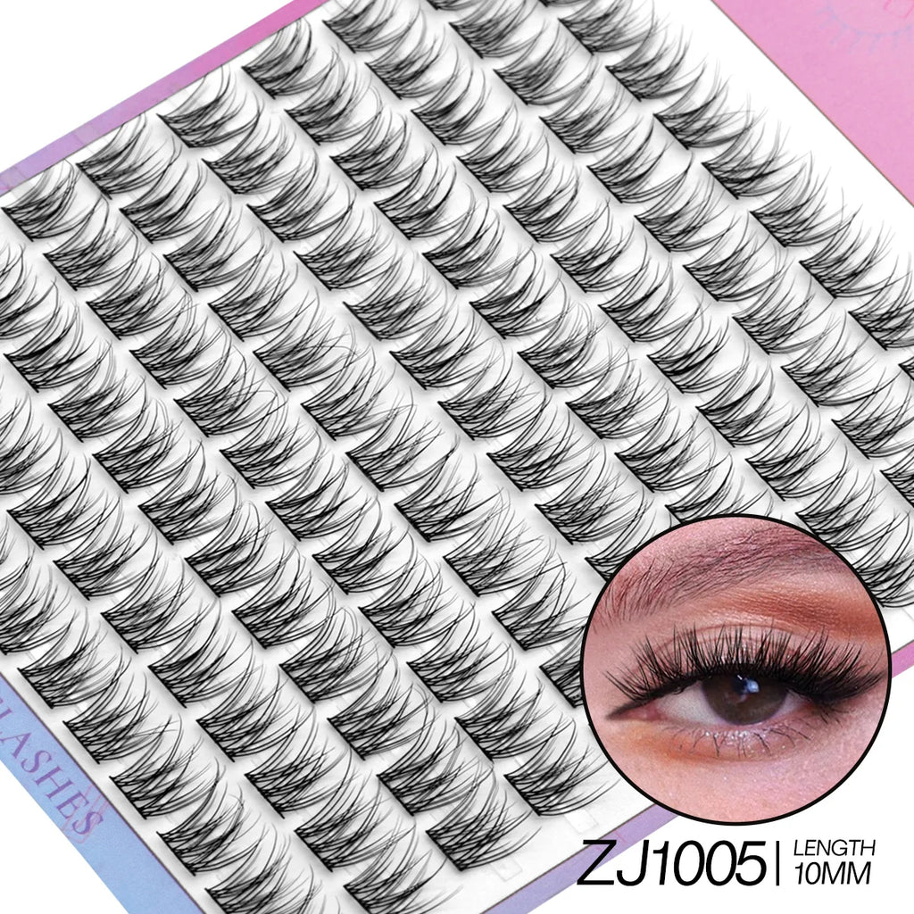 False eyelashes packaging with a close-up of an eye wearing the lashes and product code ZJ1005.