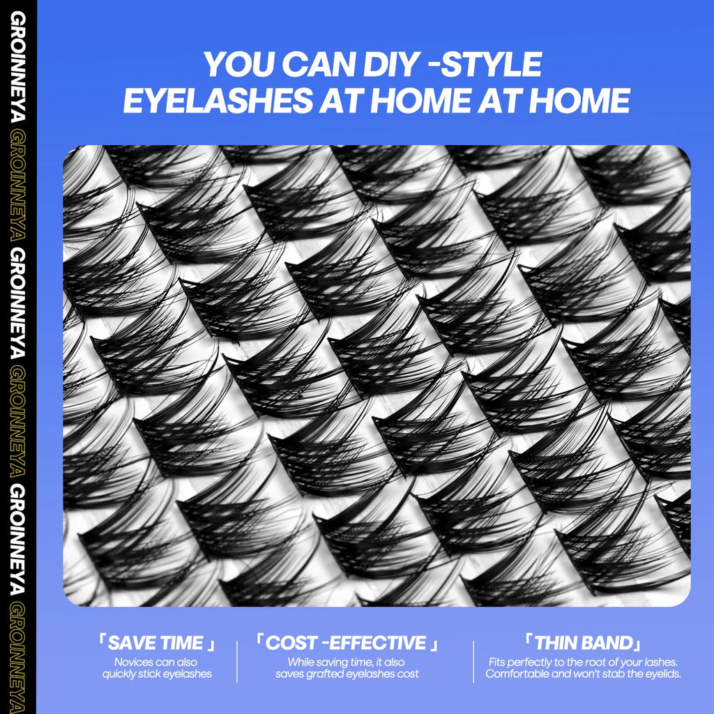 Promotional graphic for DIY eyelashes with text and Groinnya branding on a blue background.