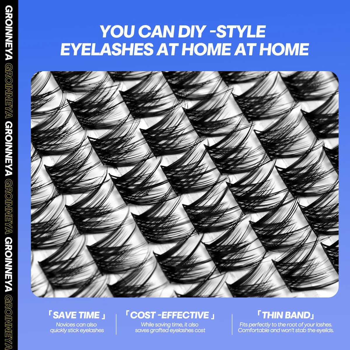 Promotional graphic for DIY eyelashes with text and Groinnya branding on a blue background.