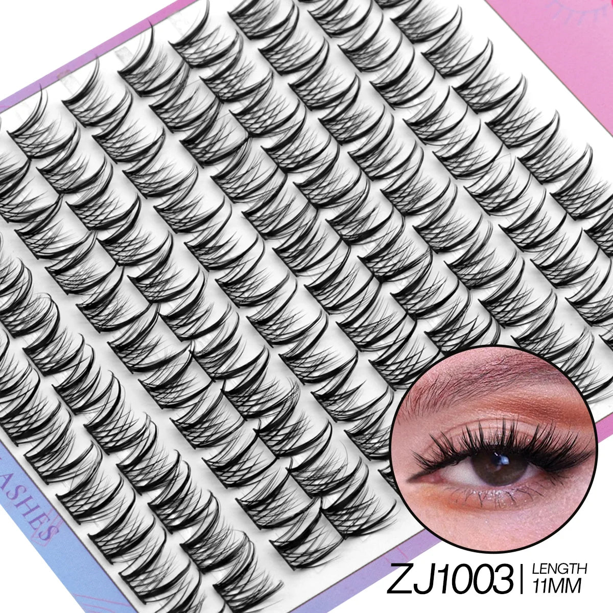 Eyelash extensions with a close-up of an applied lash and product on a pink and white background.