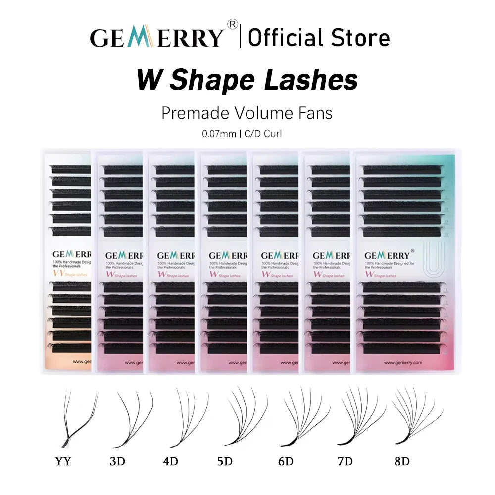 Gemerry W Shape Lashes packaging with lash examples on a white background