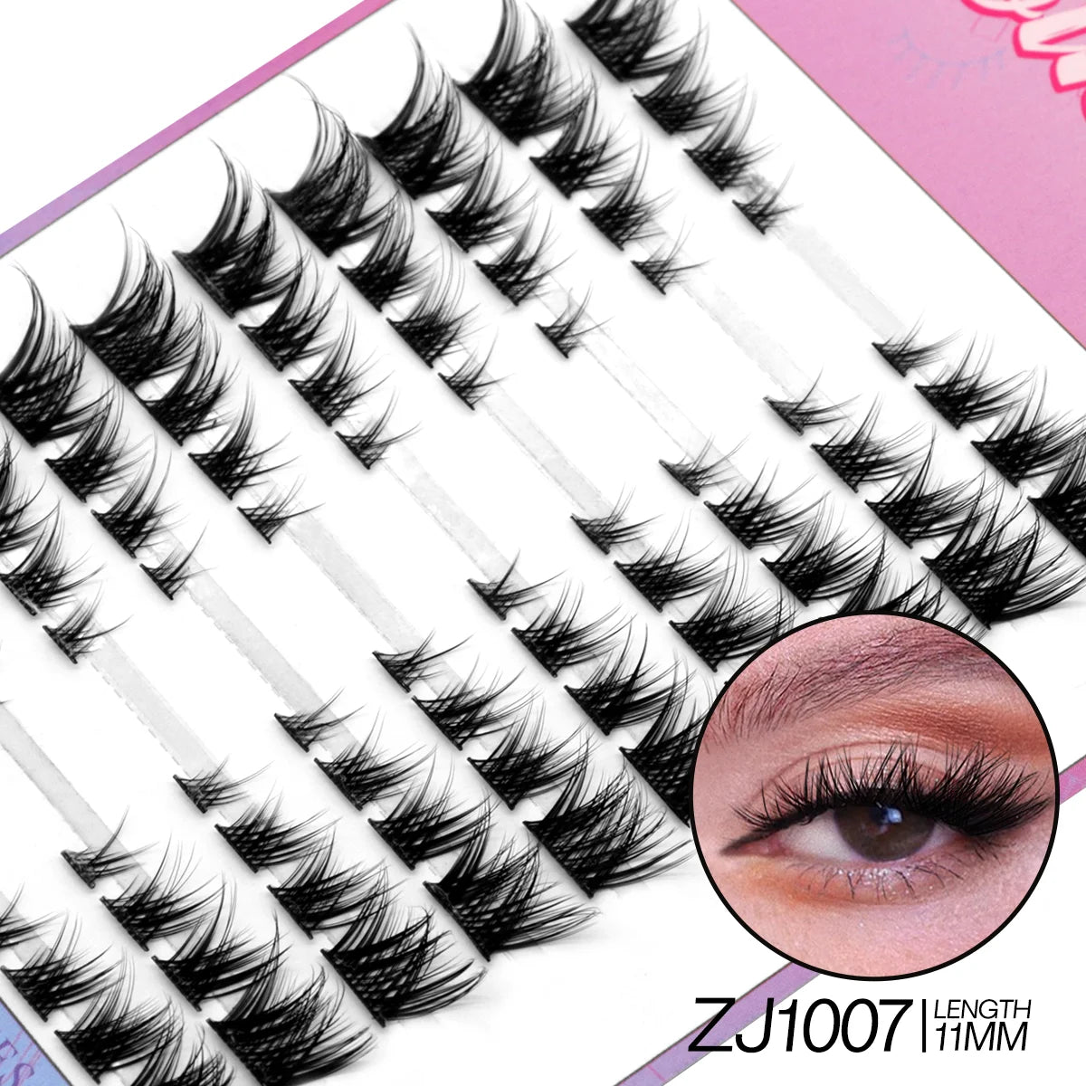 Set of false eyelashes with a close-up of an eye wearing them on a pink background.