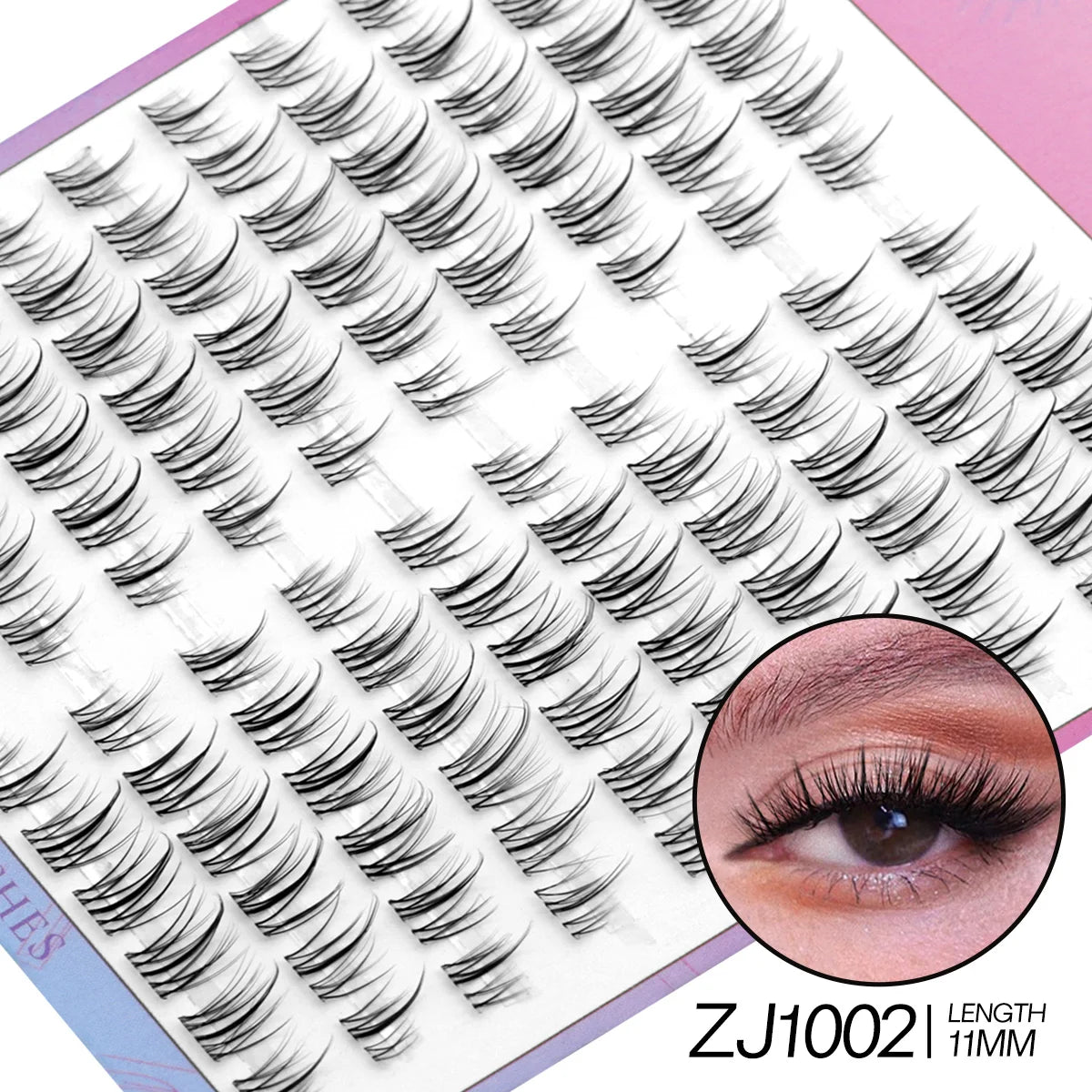 Eyelash extensions on a tray with an inset of an applied eyelash, labeled ZJ1002.