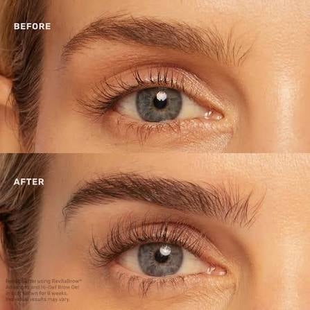 Before and after comparison of a person's eye with Revlon brow gel application.