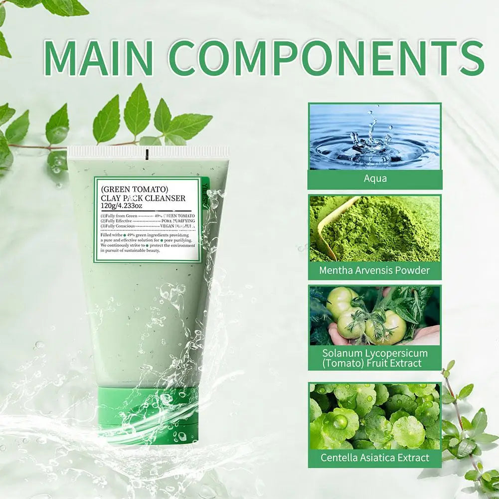A tube of Green Tomato Clay Purifying Cleanser shown on a light green background with water splash effects and the heading 'MAIN COMPONENTS.' To the right are four ingredient panels labeled Aqua, Mentha Arvensis Powder, Solanum Lycopersicum (Tomato) Fruit Extract, and Centella Asiatica Extract.