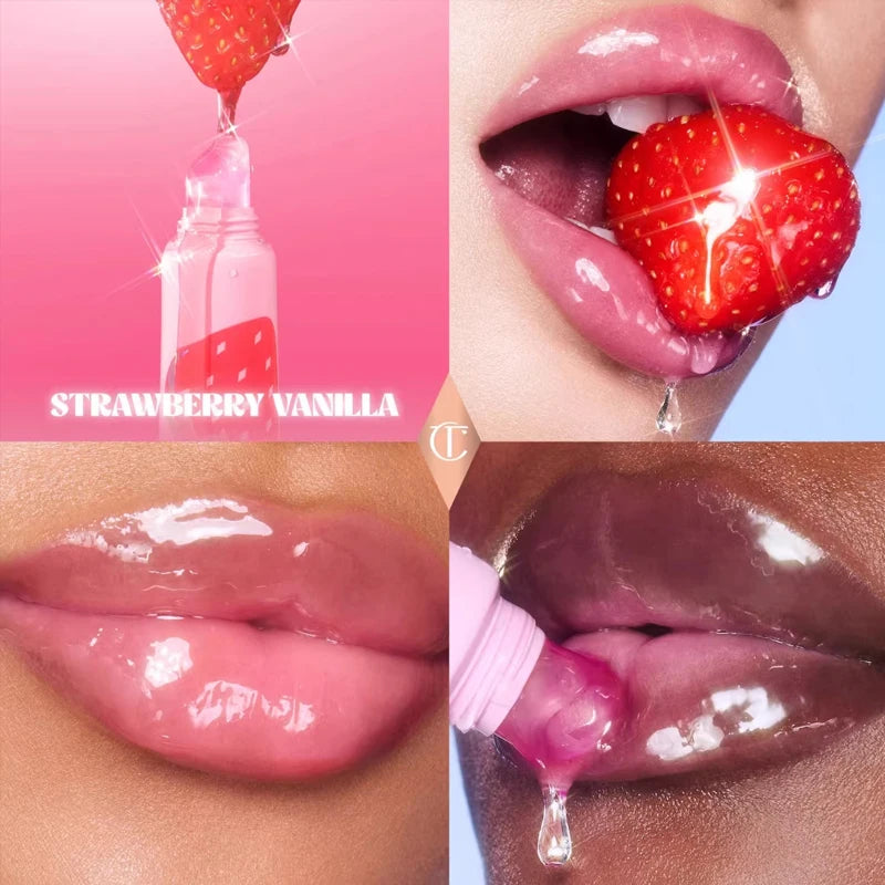 Collage of a strawberry being applied to lips with 'Strawberry Vanilla' text.