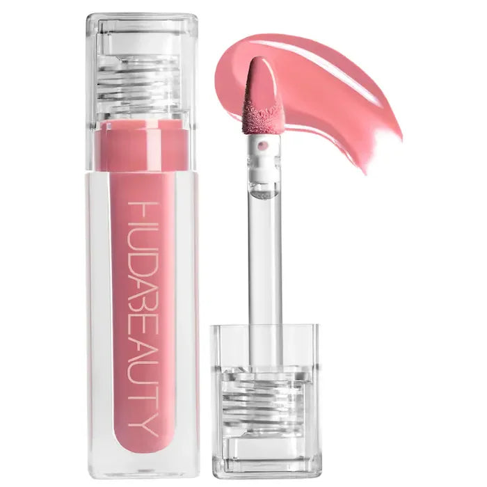 Hudabeauty lip gloss with clear case and pink shade on white background