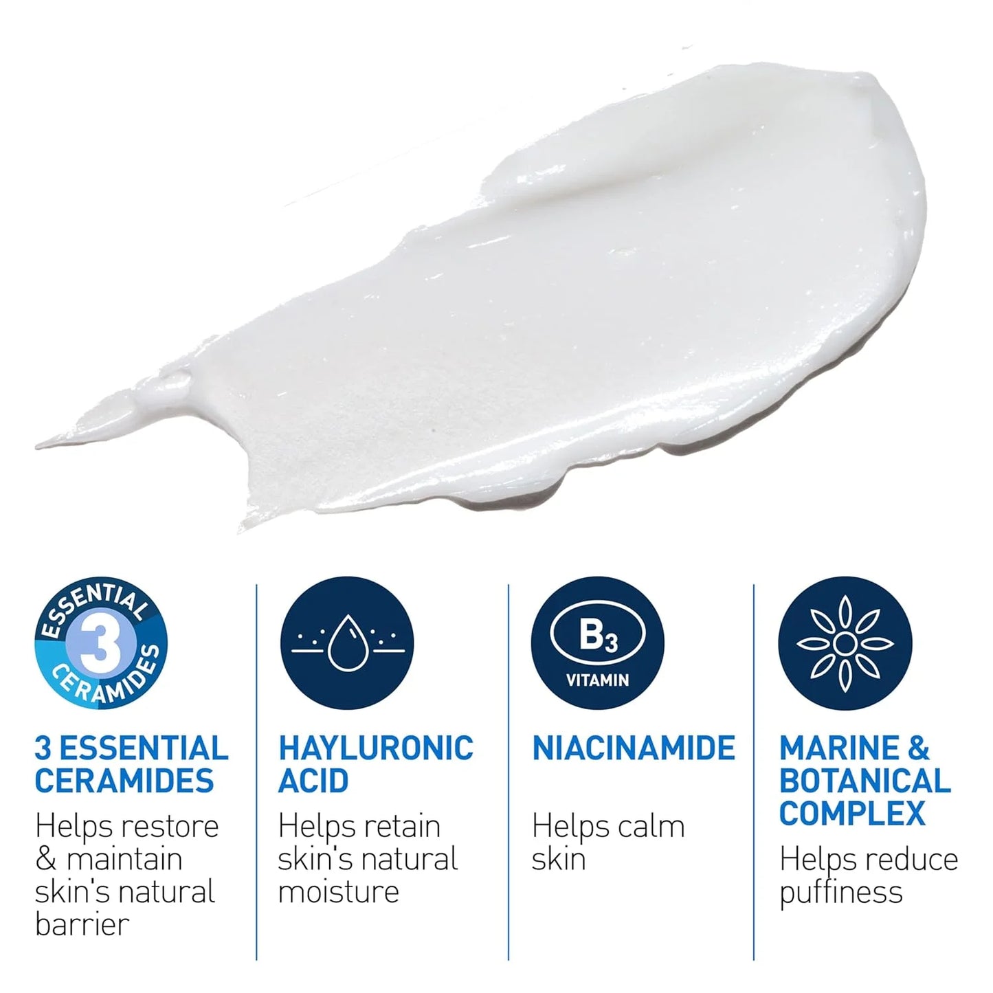White cream with text and icons detailing its ingredients and benefits on a white background