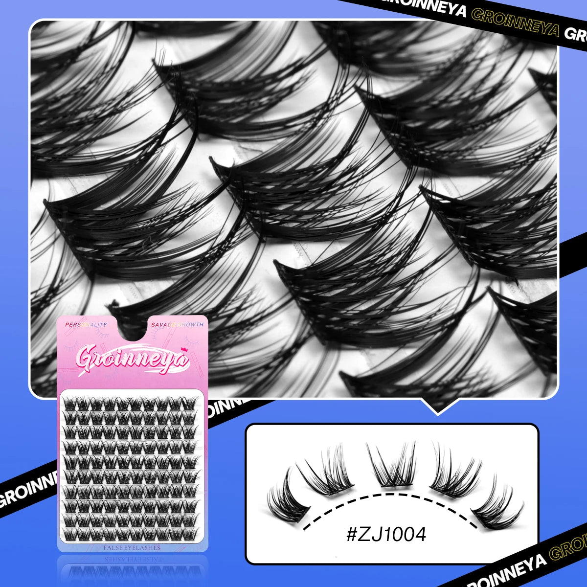 False eyelashes with packaging and a close-up of the lashes on a blue background.