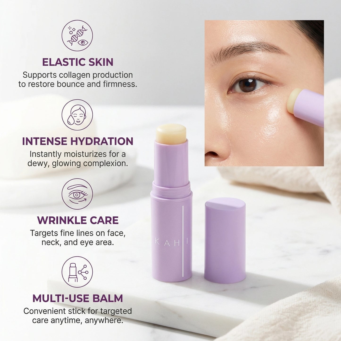Application of KAHI eye balm stick on under-eye area