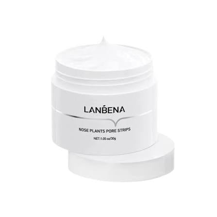 LANBENA Nose Plants Pore Strips in a white jar with its lid resting beside it on a clean white background.