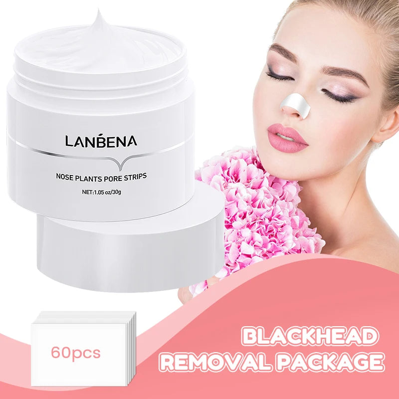 LANBENA blackhead removal product with a woman applying strips and flowers on a pink background