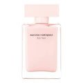 Pink perfume bottle with 'narciso rodriguez for her' text on a white background