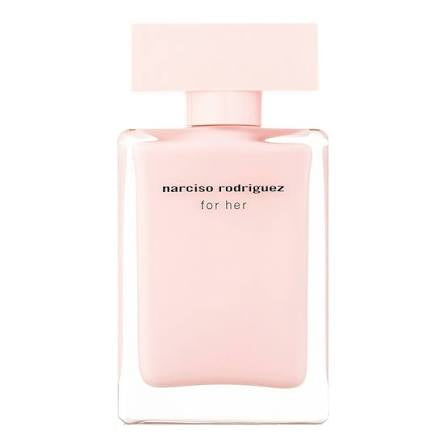 Pink perfume bottle with 'narciso rodriguez for her' text on a white background