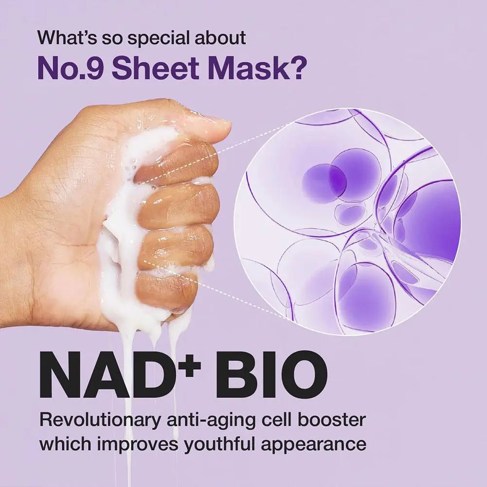 Promotional image of a sheet mask with NAD+ BIO technology on a purple background.