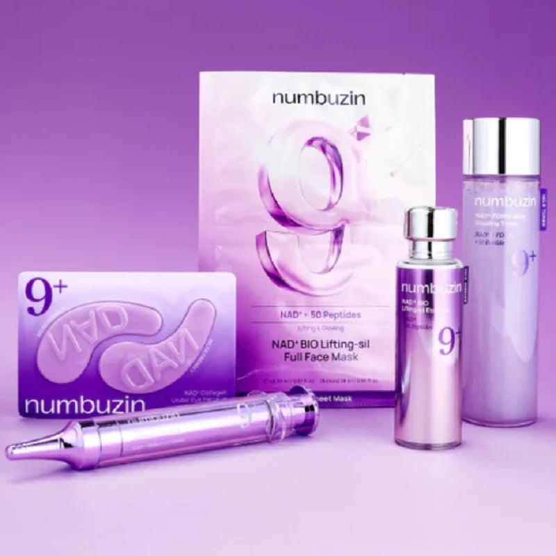 Numbuzin 9+ skincare set including a full face mask, NAD+ Bio Lifting serum, a treatment bottle, a mask pack, and a needle applicator, arranged on a purple gradient background.