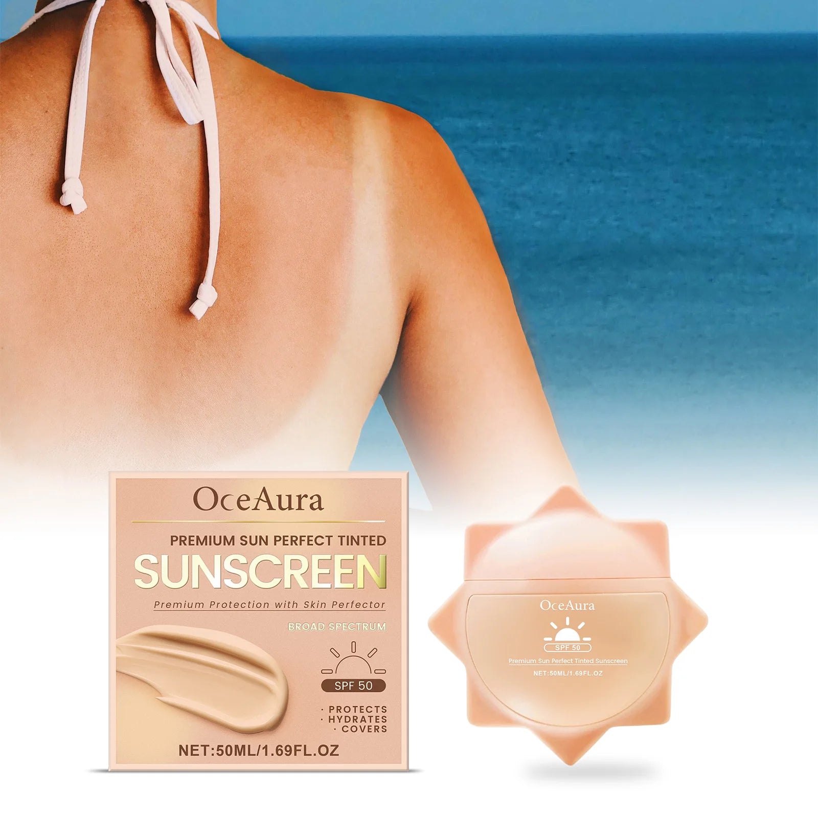 OceaAura sunscreen product with a person in a swimsuit against an ocean background