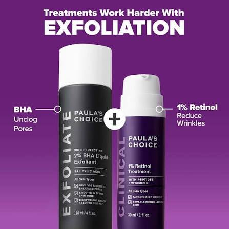 Two Paula's Choice skincare bottles on a purple background: Exfoliate 2% BHA Liquid Exfoliant in a black bottle and Clinical 1% Retinol Treatment in a purple bottle, with white caps and promotional text.
