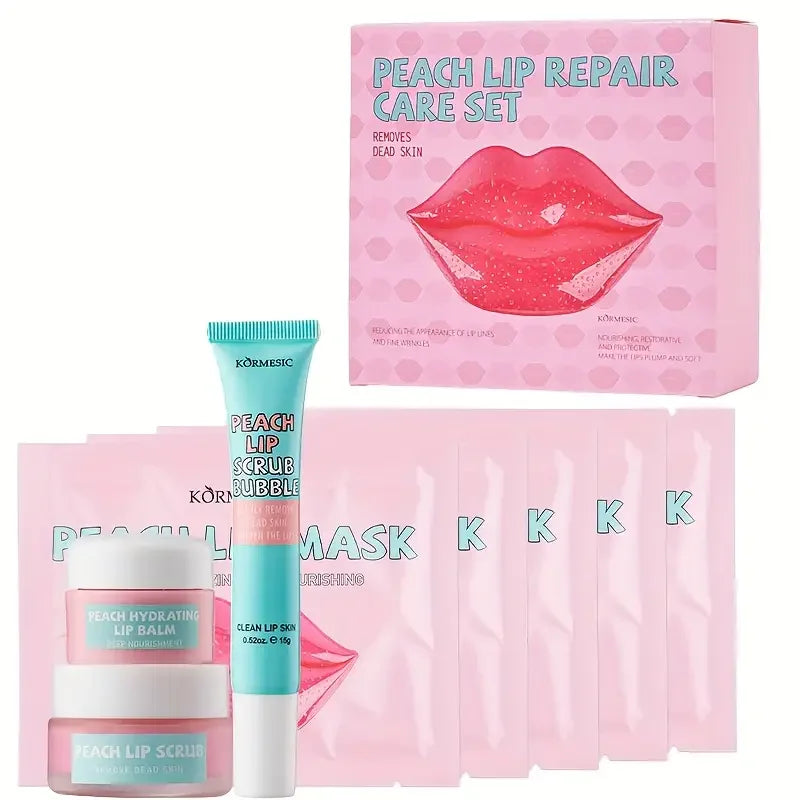 Peach Lip Care Set with scrub, bubble scrub, moisturiser and lip mask