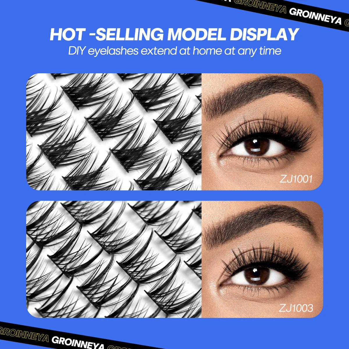 Advertisement for Groinneya DIY eyelashes with close-up images of lashes and eyes.