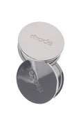 Silver round container with 'rhode' branding on a white background