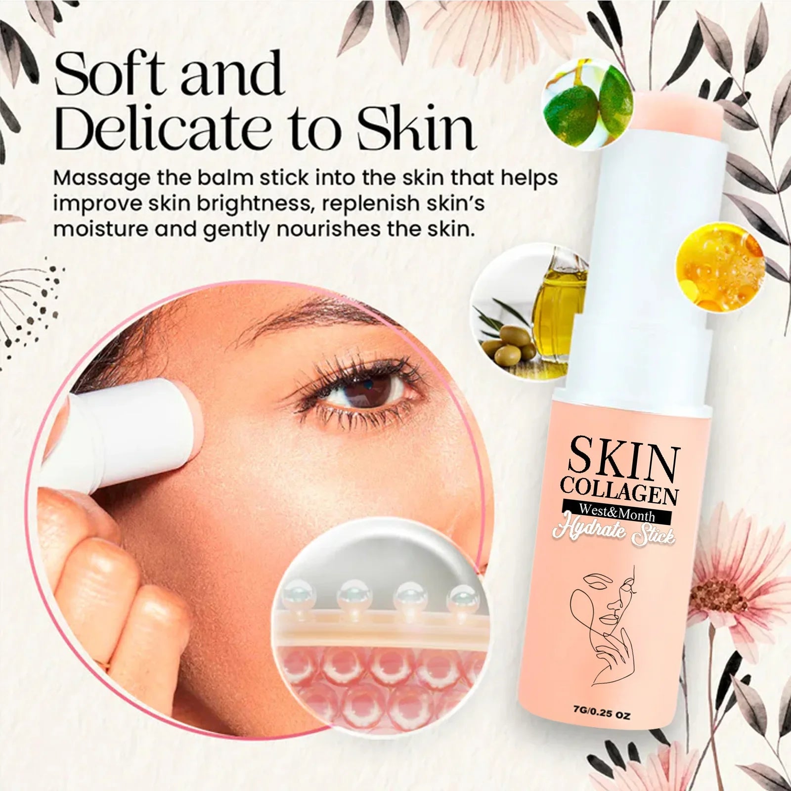 Skin collagen balm stick with application on skin and floral background