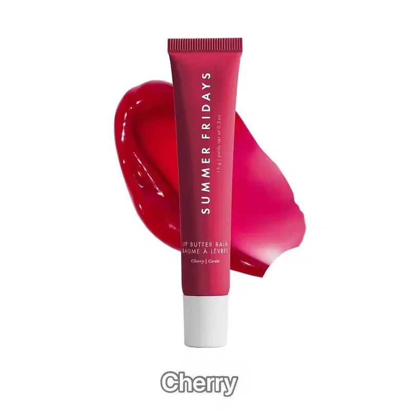 Summer Fridays lip butter balm with cherry color swatch on a white background